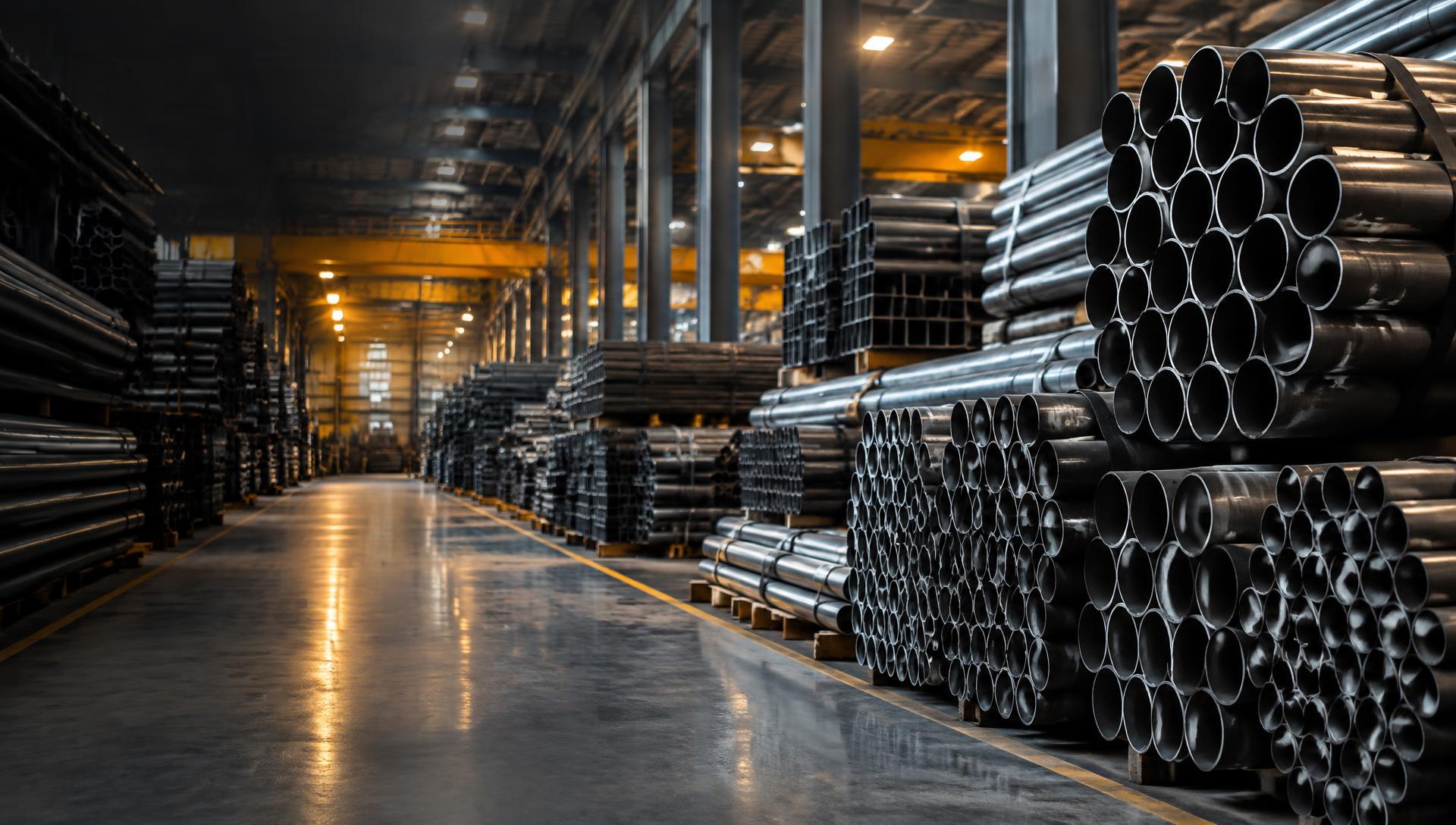 Estoque organizado de tubos de aço em galpão industrial